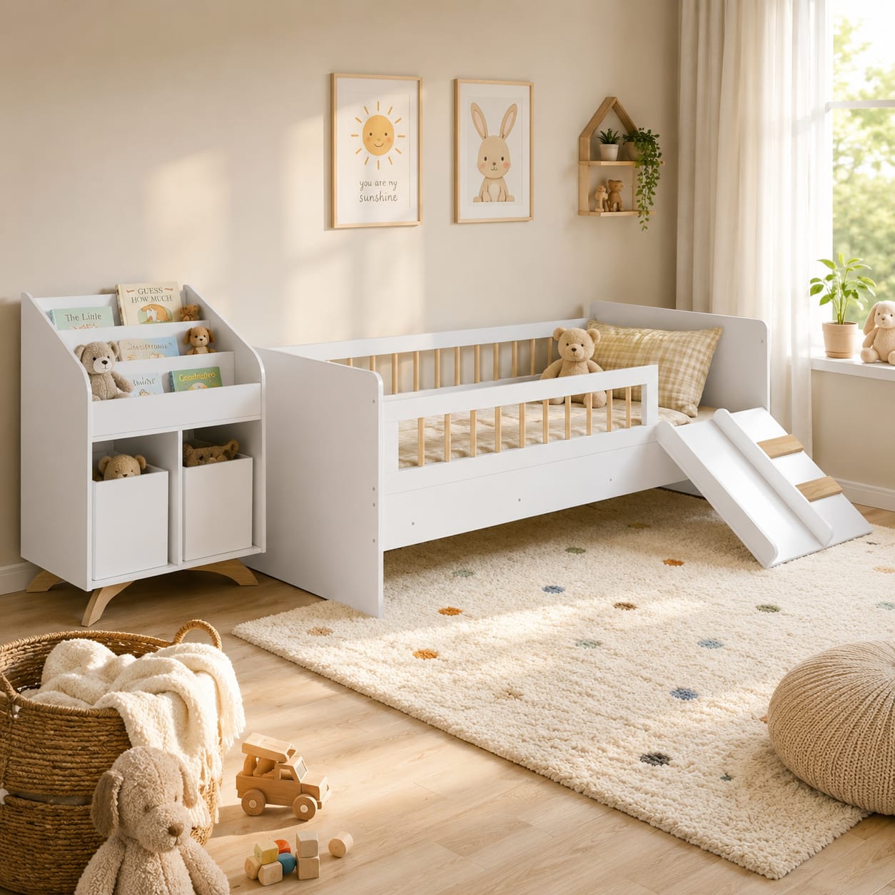 Juego Vika - Cama con Tobogán y Estantería Librero - Blanco