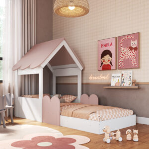 Cama Infantil Casita Blanco con Rosa
