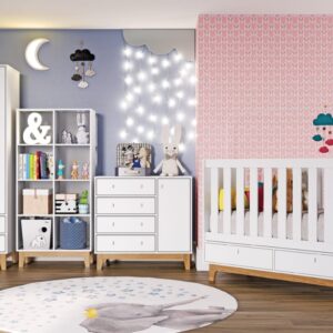 Juego de Dormitorio Infantil Cuna+Cajonera+Ropero+Estanteria