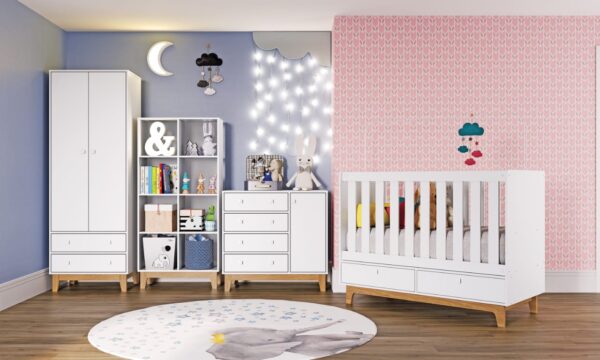 Juego de Dormitorio Infantil Cuna+Cajonera+Ropero+Estanteria