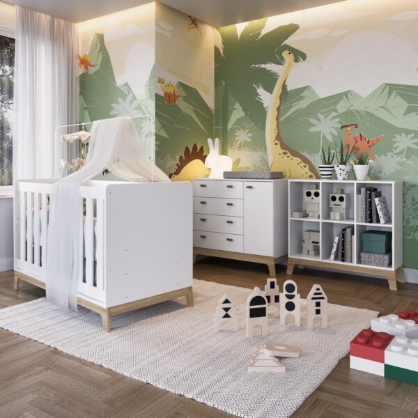 Juego de Dormitorio Infantil Cuna+Cajonera+Estanteria